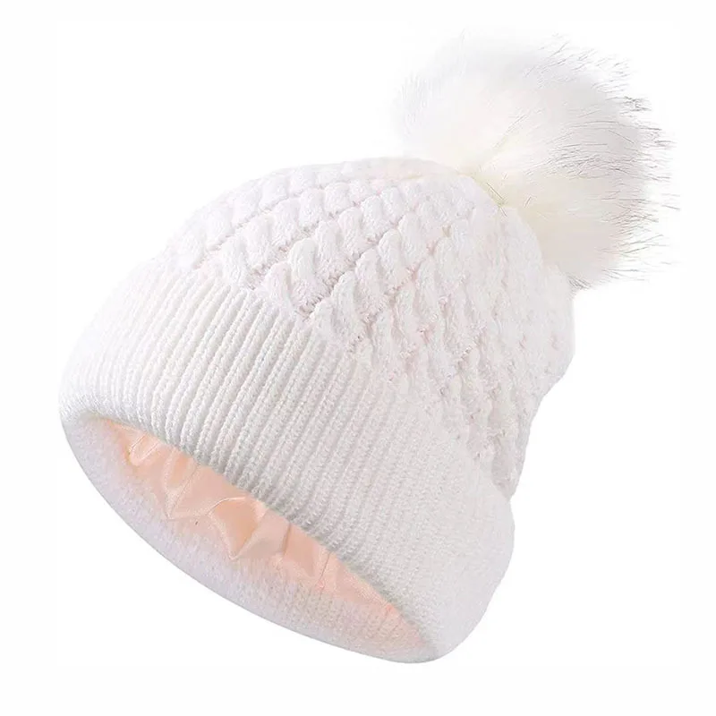 Thickened High Elasticity Satin Lined Women Knitted Cuff Beanie Acrylic PomPom Knitted Autumn Winter Stripe Beanie Hat