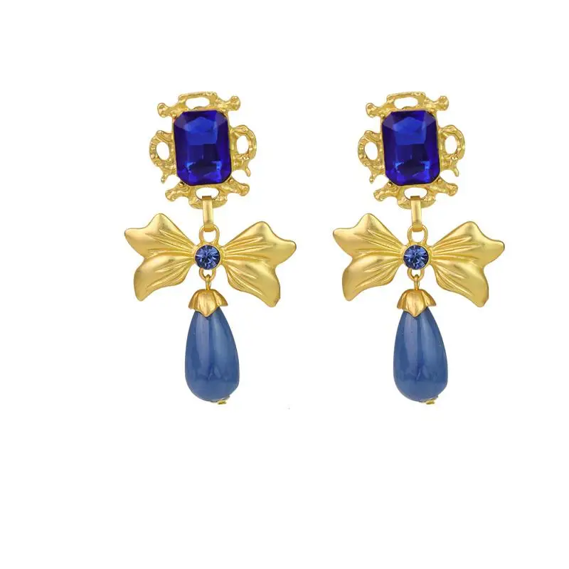 Gorgeous Retro Butterfly Earrings Noble Niche Design Bow Rhinestone Handmade Blue Glass Fashion Jewelry Wholesale