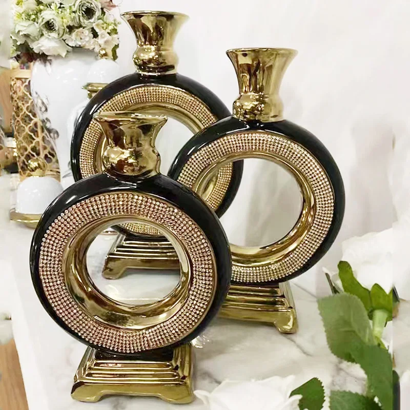 luxury bling diamond rim ceramic vases with gold pedestal black donut shape porcelain flower vase for hotel wedding KTV decor