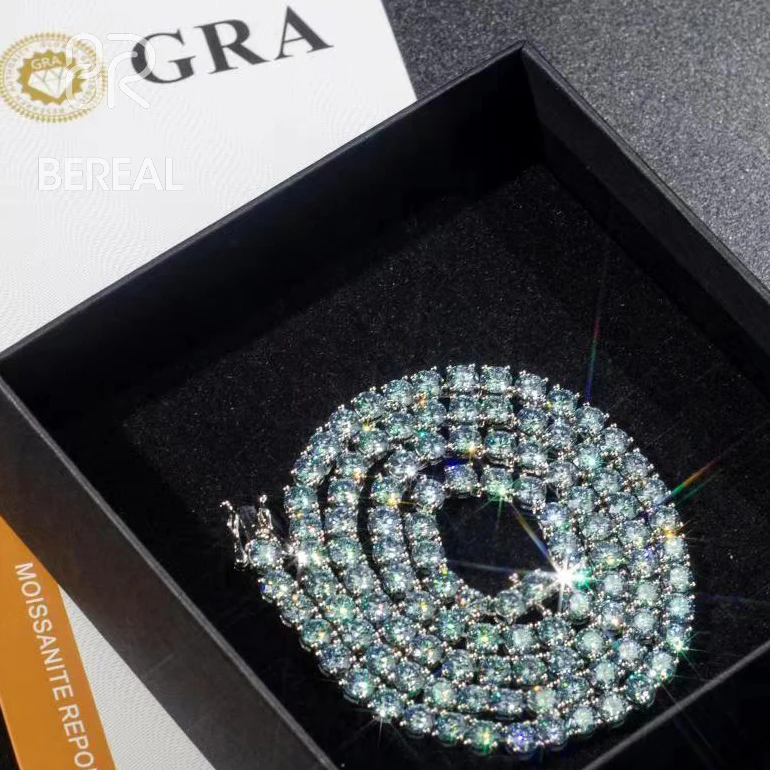 Factory Direct Sale GRA Certificate Rare Blue Moissanite Tennis Chain 925 Silver White Gold 5mm 6.5mm Tennis Bracelet Necklace