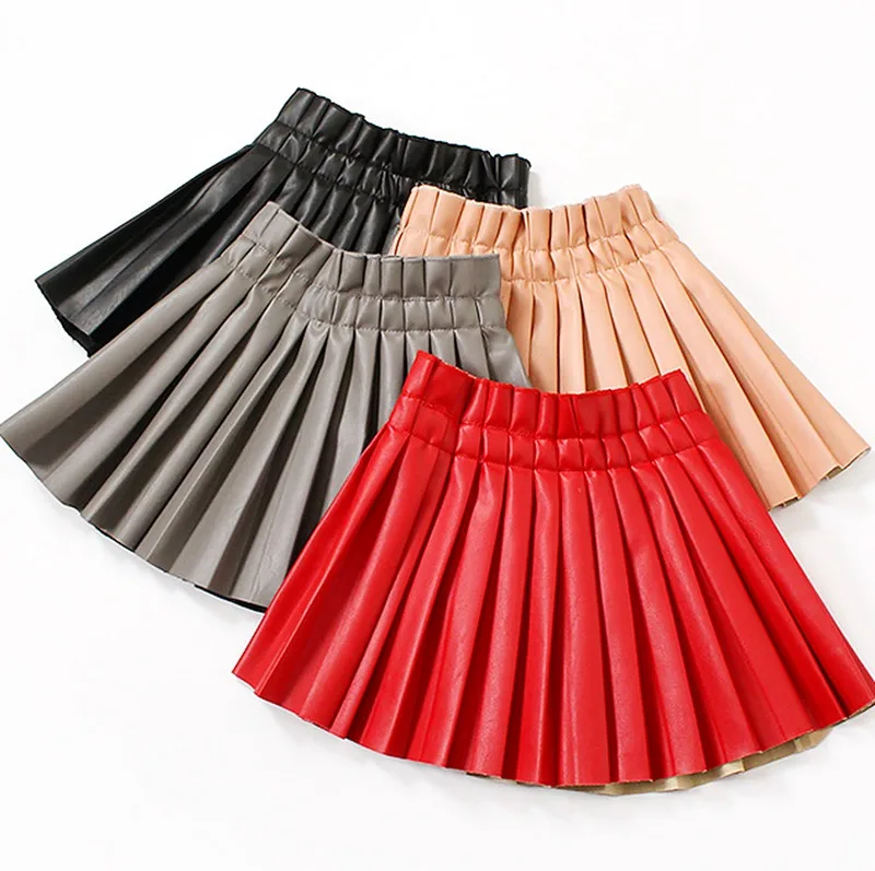 3-10years Baby Girls PU Leather Pleated Skirts Girl Elastic Waist Short Solid Skirt