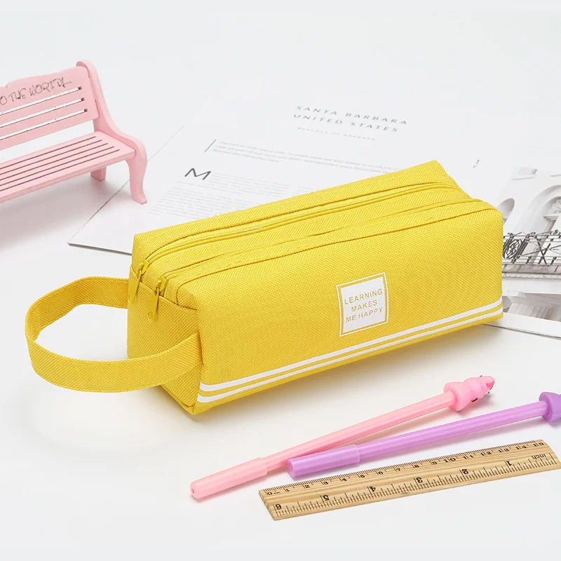 Gelory New Simple Solid Color Striped Double-Layer Pencil Case Pencil Case Student Creative Large Capacity Portable Pencil Case