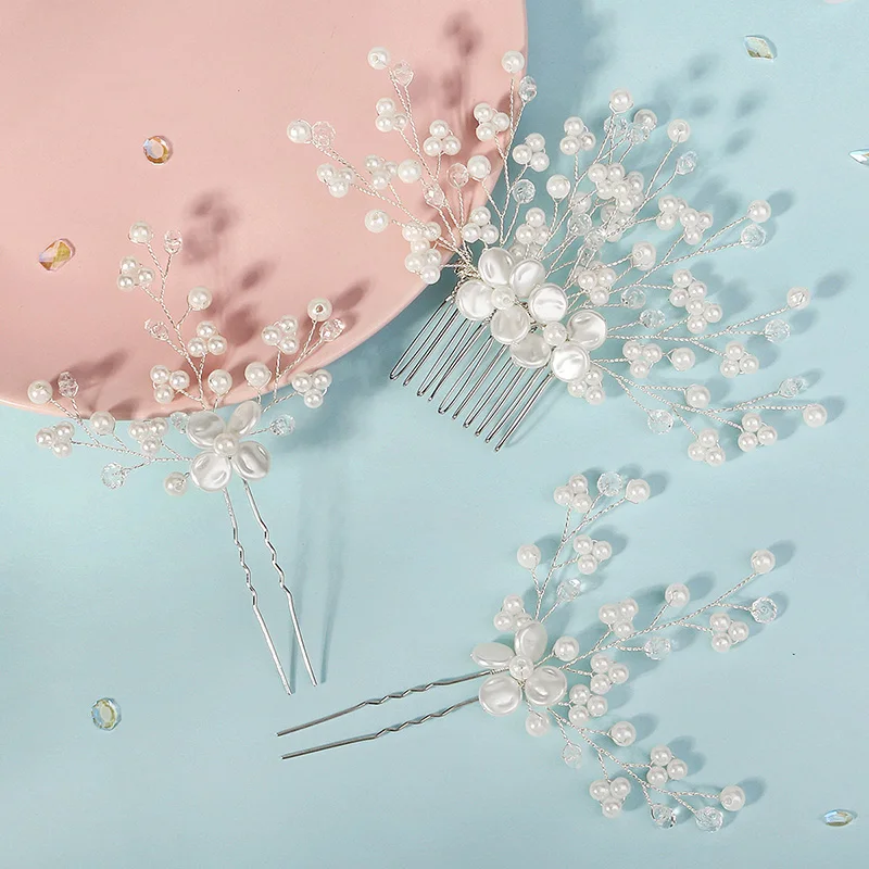 Miallo 3Pcs/set ceramic flower Bridal Hair Custom Comb Pin Handmade Rhinestone Pearl Side Comb Jewelry Set Wedding Hair Accessor