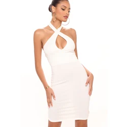 2022 Fashion Hollow Out Sleeveless Off Shoulder Solid Dress Sexy Halter Neck Backless Bodycon Party Mini Dress