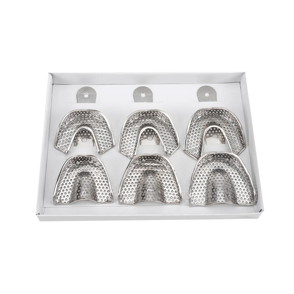 High Quality Dental Autoclavable Metal Impression Trays Stainless Steel Upper Lower Dental Perforated Impression Trays for 6 pc