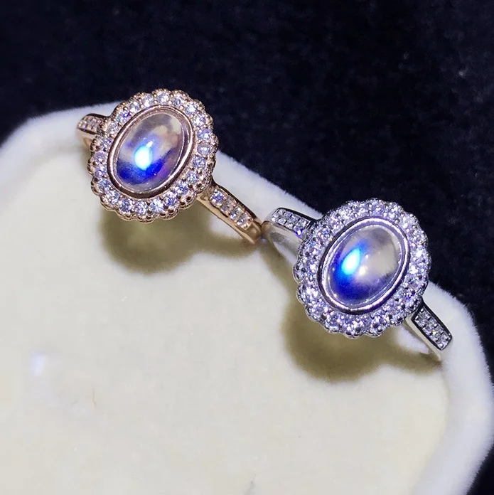 Wholesale 925 Sterling Silver Luxury Natural Blue Rainbow Moonstone Ring Jewelry for Women