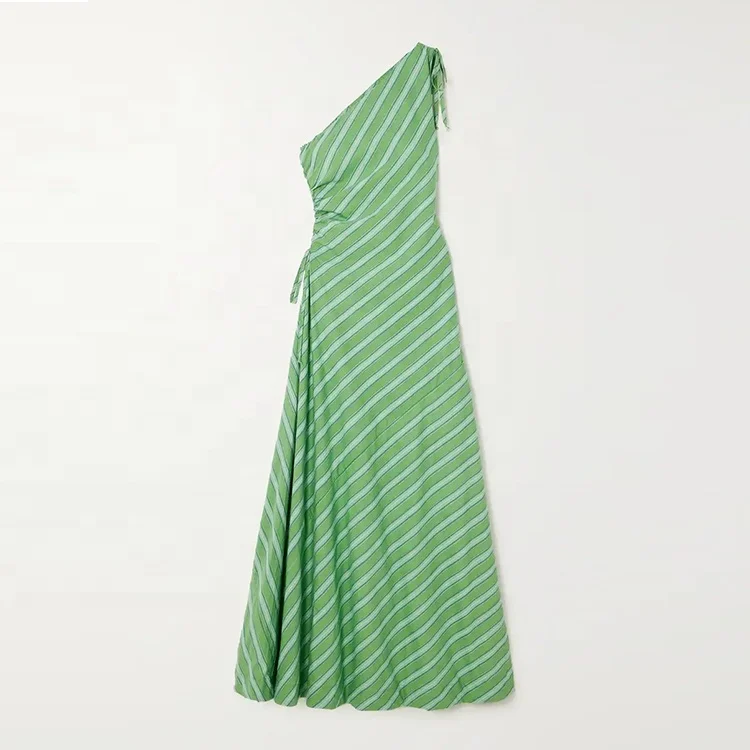 Knitwear manufacturer custom spring summer green one shoulder striped cotton elegant casual sexy woman dress