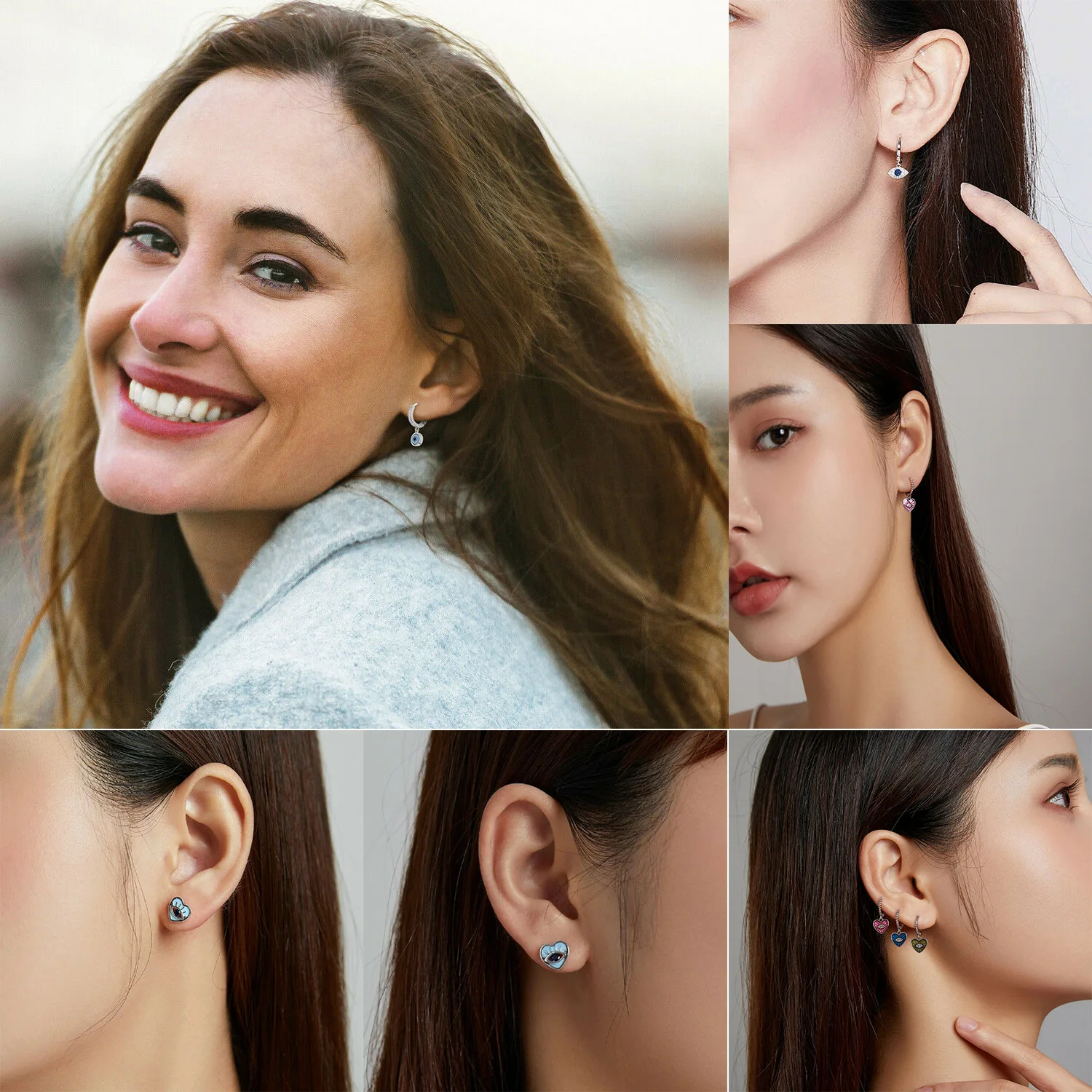 Wholesale Turkey Different Design Rattan Blue Oem Stud Baby Tiny Gold Plated Heart Hoop 925 Sterling Silver 14K Evil Eye Earring