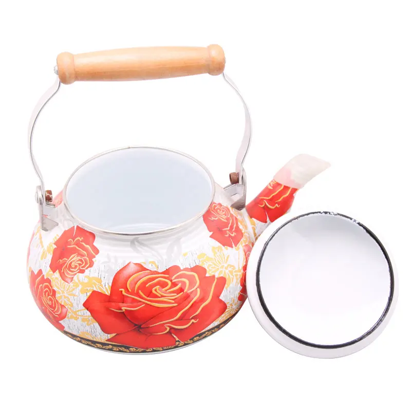 Chinese 1.5L/2L/2.5L Enamel Metal Tea Pot with Luxury Modern Design Wooden Handle Home Camping Use Iron Tea Kettle