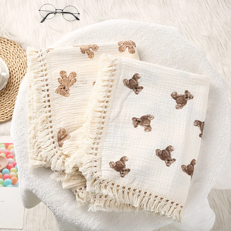 Organic Cotton Muslin Swaddle Wraps 2-Layer Comfortable Baby Blanket with Animal Cartoon Leaves Raschel Patterns