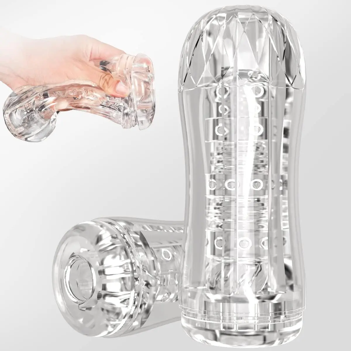 Manual Sucking Extrusion Male TPE Masturbators, Portable Transparent Pocket Pussy Stroker with Vagina Textured