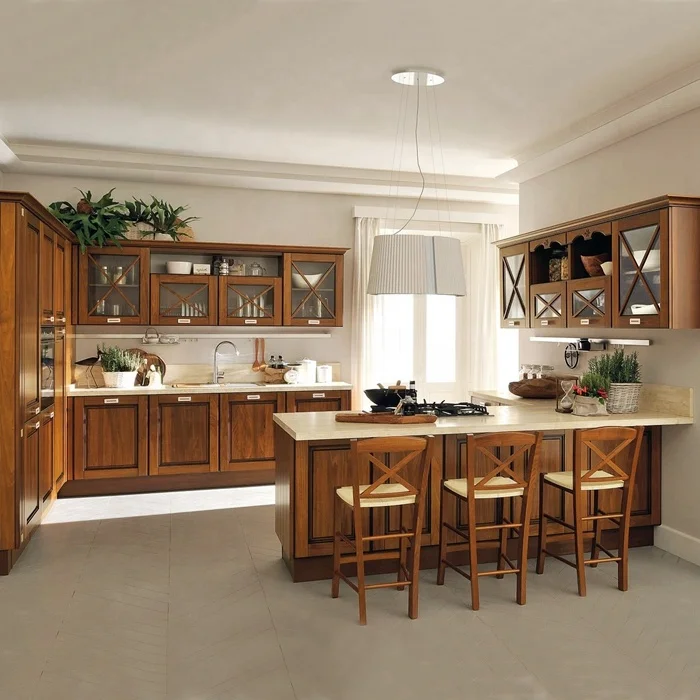 American classic style kitchen cabinet glass frame door solid wood material kitchen cabinet design factory custom sales