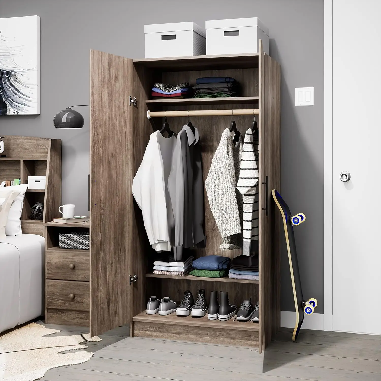 Bedroom Furniture Steel print wood grain Storage Cupboard Metal Clothes Cabinets Wholesale Metal Closet