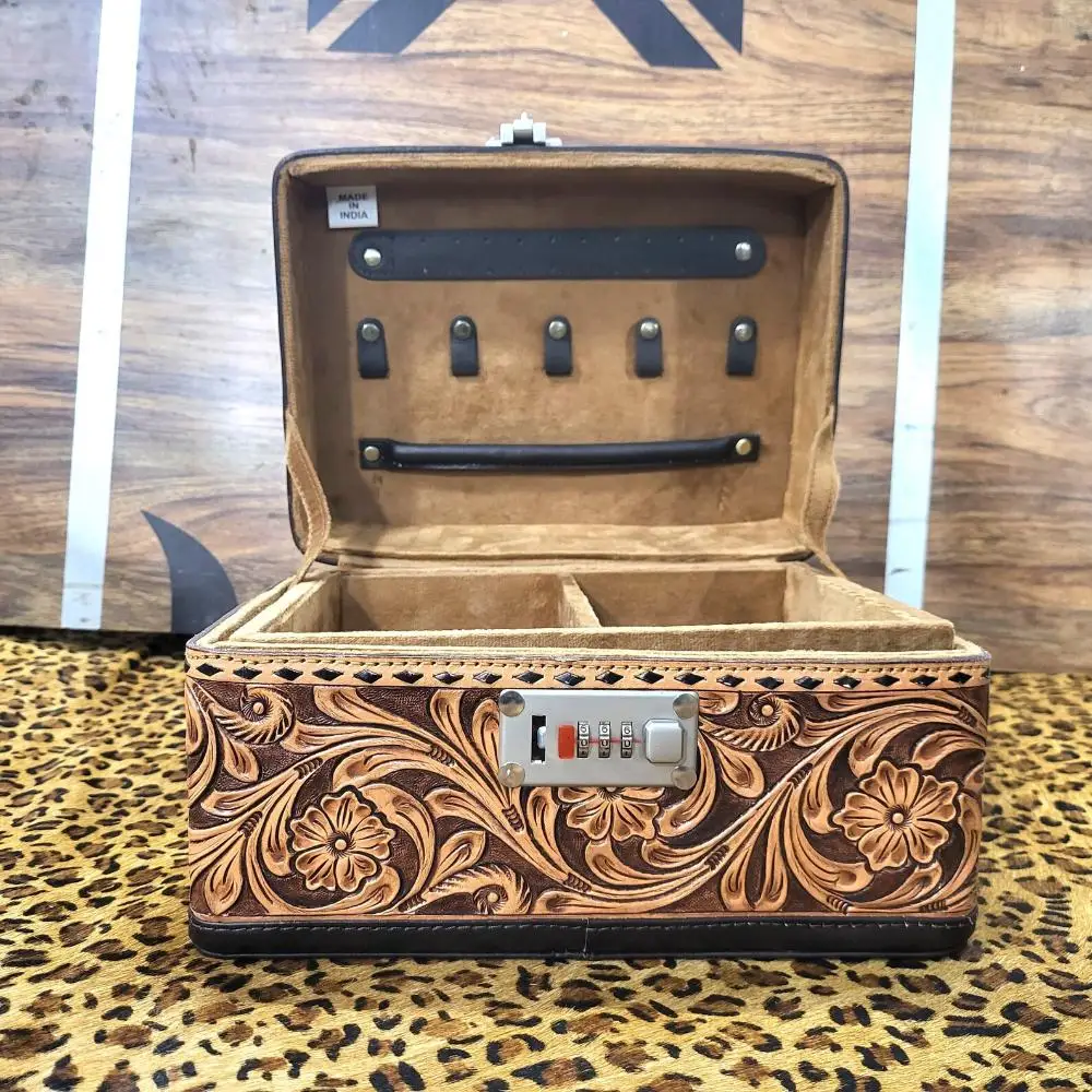 New Arrival Spacious Secured Western Style Large Tooled Leather Jewelry Box for Export Selling Available at Inexpensive Price