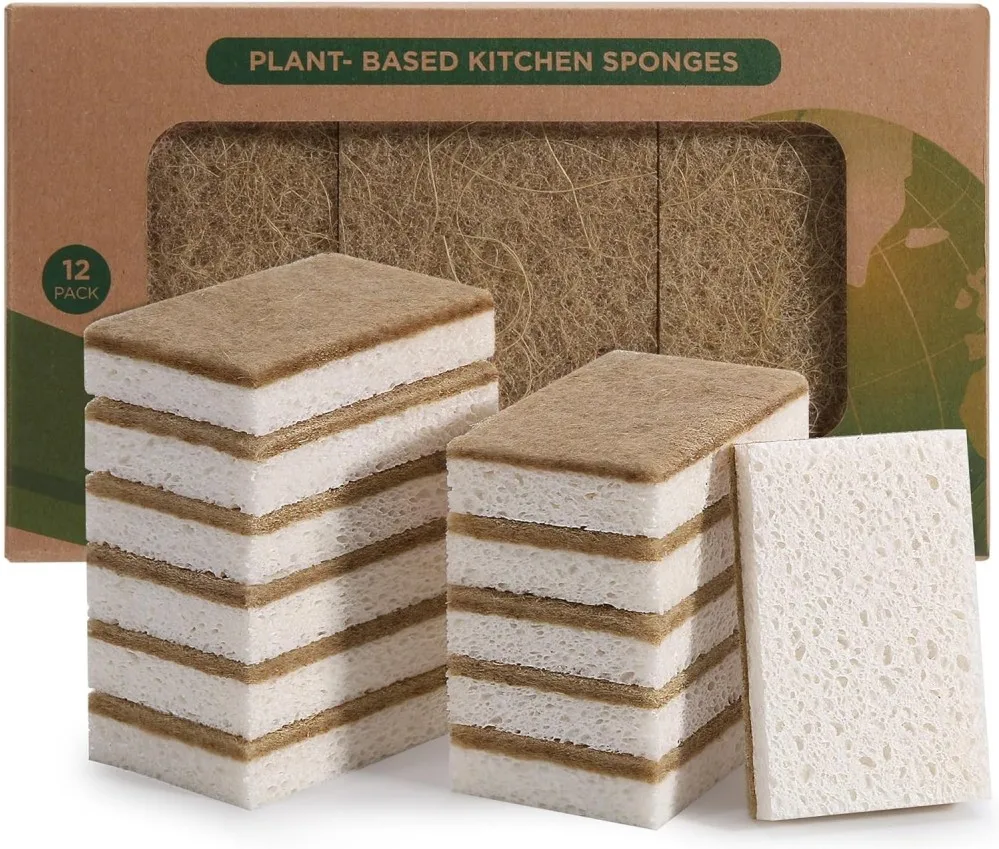 Biodegradable Natural Kitchen Sponge,Compostable Cellulose and Coconut Walnut Scrubber ,Eco-Friendly Scrub Sponges for Kitchen
