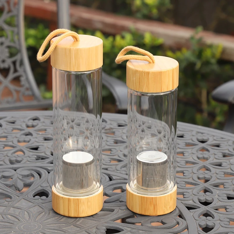 Personalized BPA-free Drinking Insulated 450 ml Double Wall Borosilicate Tea Fruit Water Glass Bottle with Infuser Bamboo Lid