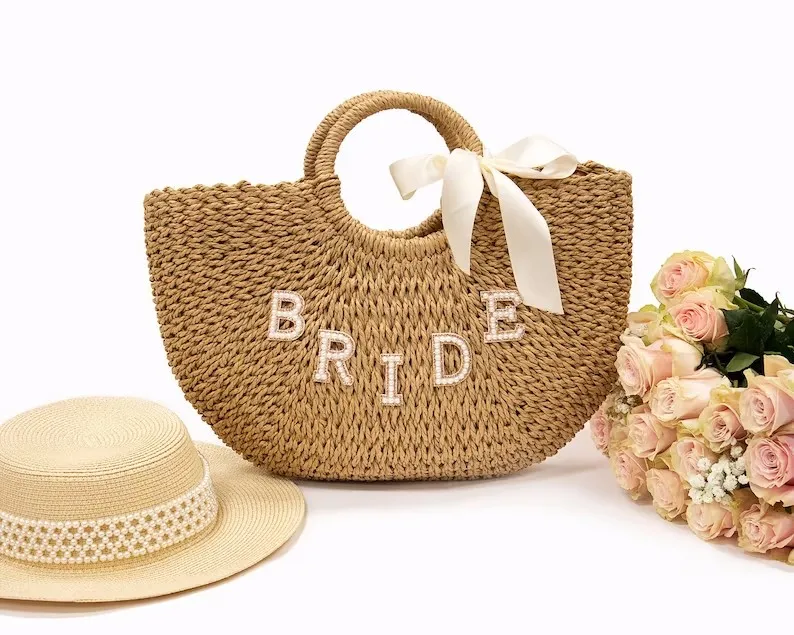 Bridesmaid Beach Bag Customized Straw Bags Personalized Straw Basket Bridal Shower Bag White Pearl & Rhinestone Letter Patches