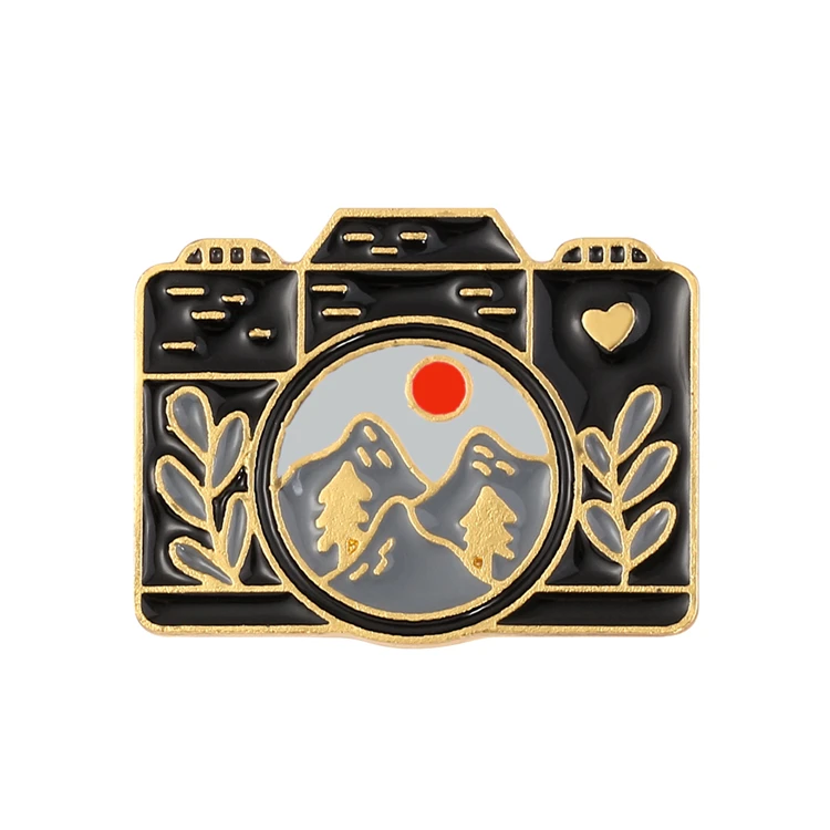 Vintage Camera Brooch Enamel Mountain Foliage Landscape Pattern Collar-Pin Photography Loves Clothing Backpack Decorative