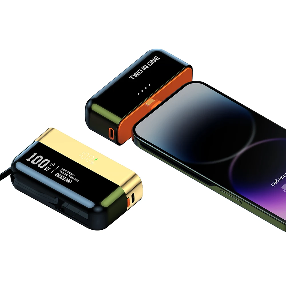 Wholesale Small Portable Removable 5000mAh+5000mAh Fast Charging Power Bank Build In Type C Cable For Smart Phone