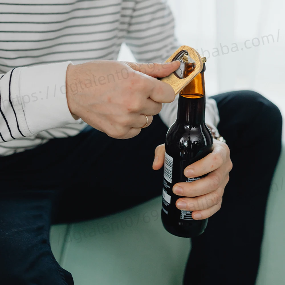 Tailai Wooden Keychain with Integrated Bottle Opener and Beer Bottle Wall Hanging Opener Magnetic Personalized Engraving Option