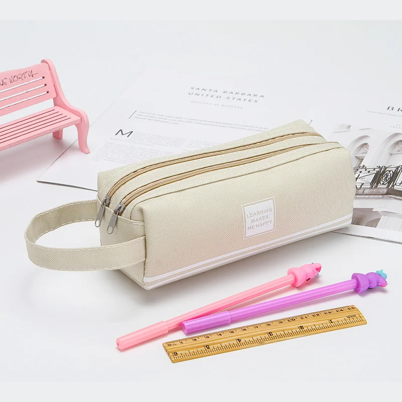 Gelory New Simple Solid Color Striped Double-Layer Pencil Case Pencil Case Student Creative Large Capacity Portable Pencil Case