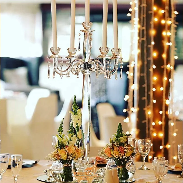 fashion clear glass candle holder 5 arms crystal candelabra for home