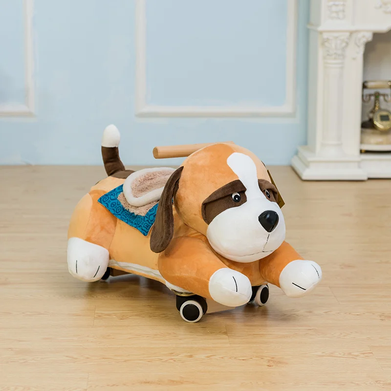 Material Cartoon Stuffed Animal Riding Cow Dog Toy On Wheel Plush Soft Baby Toddler Rocking Cartoon Sliding Ride On Toy