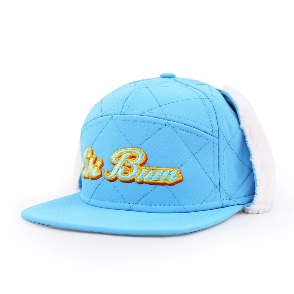 Qianzun custom flat brim hat quilted ear flap 7 panel snapback cap