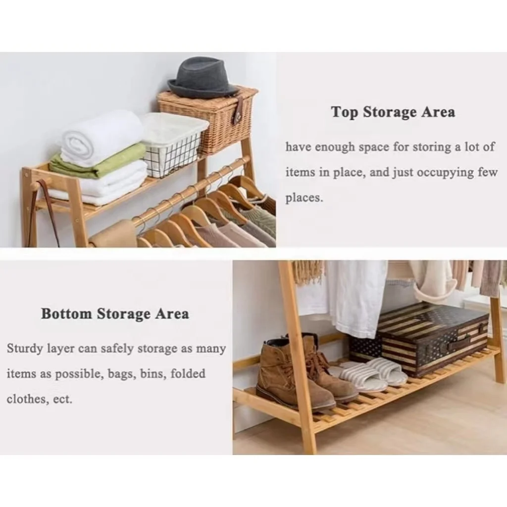 Coat Clothes Hanging Heavy Duty Rack with Top Shelf and Shoe Clothing Storage Organizer Shelves Good Price Bamboo Living Room