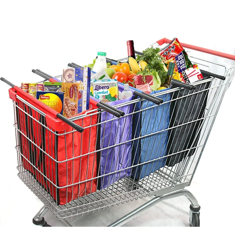 Cheap Eco Friendly 4 Sets Reusable Grocery Bags with Insulated Cooler Shopping Cart Trolley Bags Supermarket