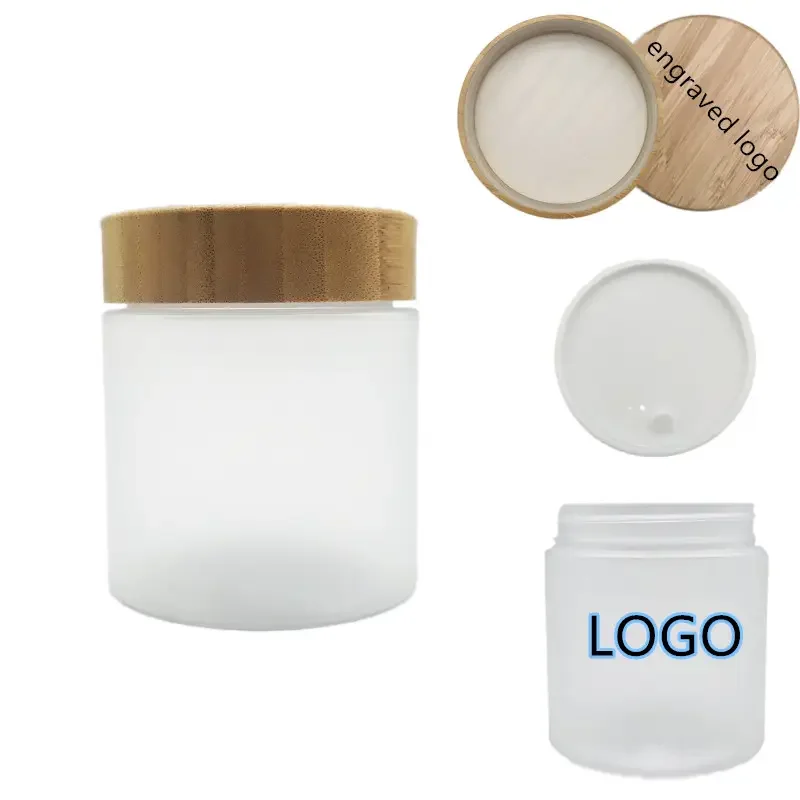 Real bamboo lid PET plastic 8oz face cream jar with bamboo lid clear frosted amber transparent