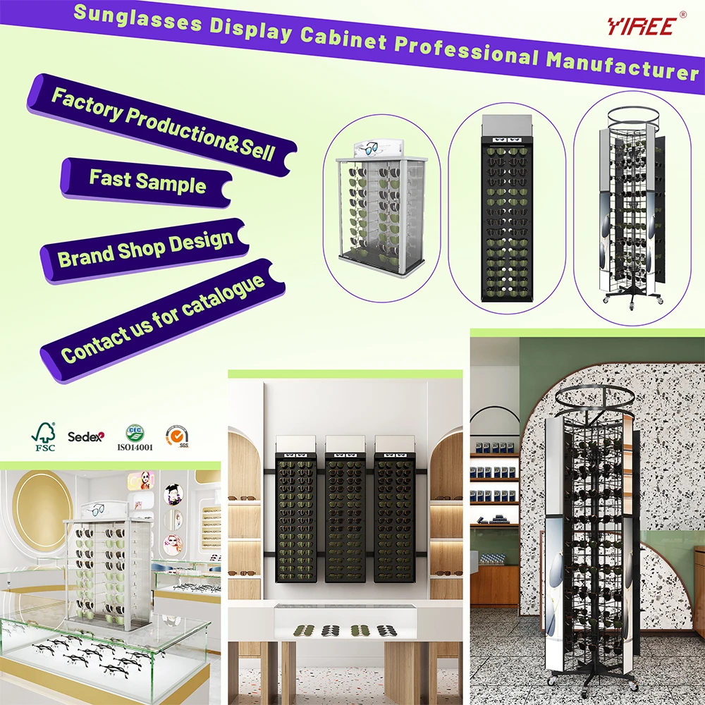 Europe eyewear brand shop locked wood rods sunglasses led wall optical display showcase with wheels