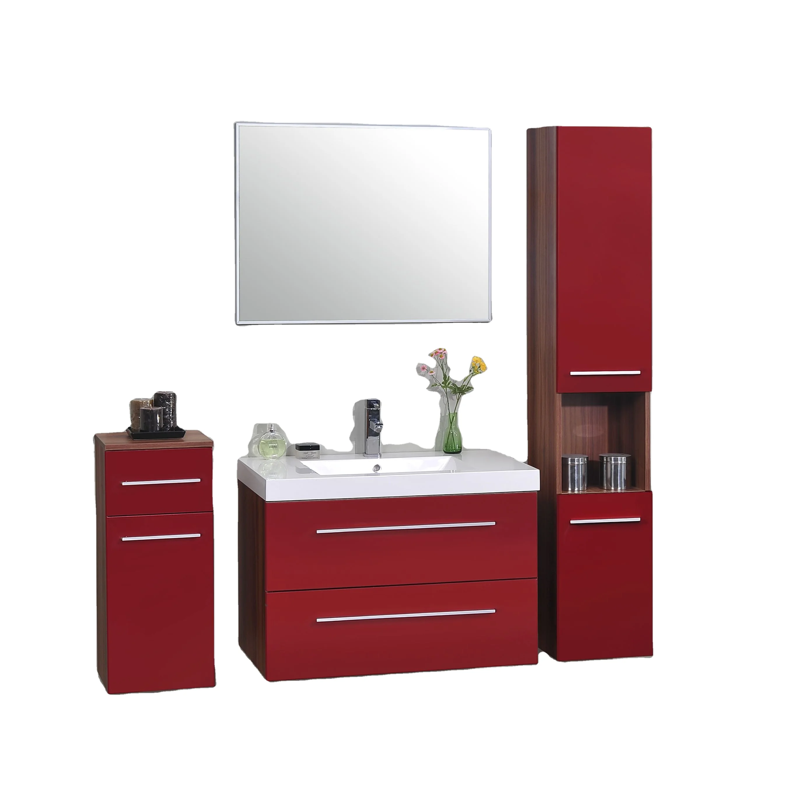 Red Mirrored Wall Hung Bathroom Vanity With Two Doors