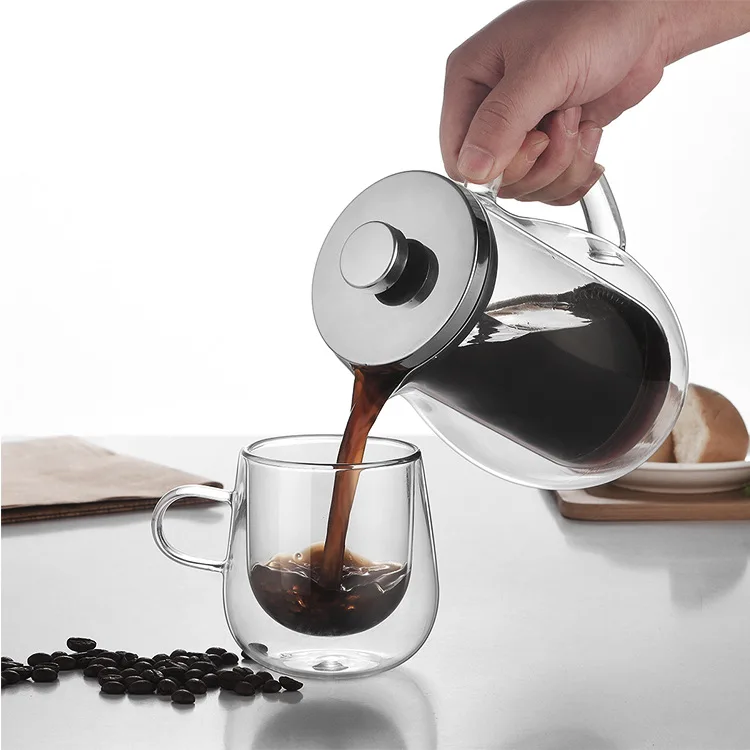 Wholesale Double Wall Glass French Press Borosilicate Coffee Pot With Stainless Steel Lid Home Cafe