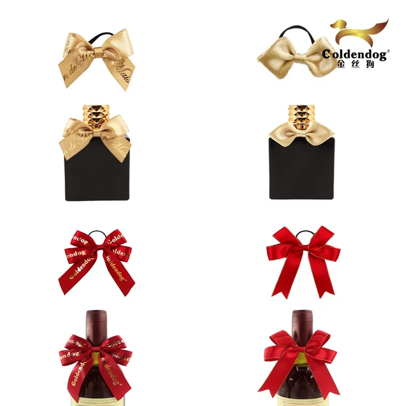 Customized Bottles Gift Decoration Custom Handmade Satin Grosgrain Ribbon Bow with Elastic Band Loop For Neck Bottle Wrapping