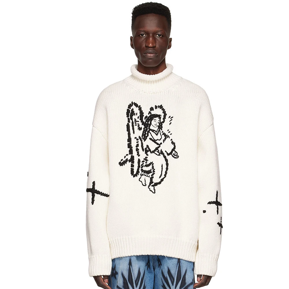 VSCOO 2023 OEM&ODM men oversize crew neck custom logo jacquard knitted 100% merino wool sweater