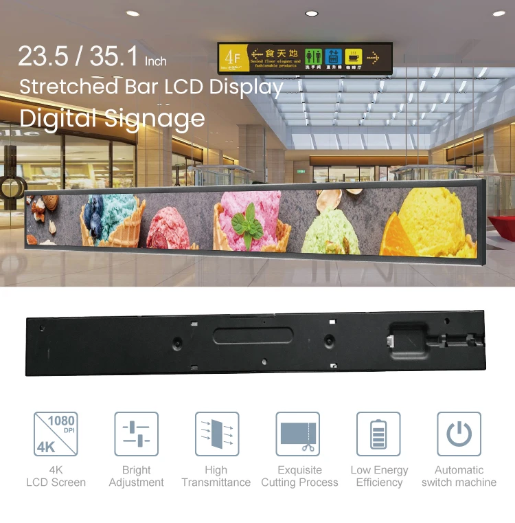 Multifunctional Ultra Wide Stretched Bar Lcd  Strip Supermarket Shelf Edge Advertising Screen Display