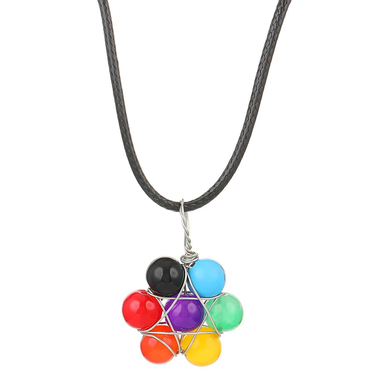 Vintage DIY Beaded Geometric Necklaces Black Rope Silver Stainless Steel Chain Rainbow Natural Stone Necklaces