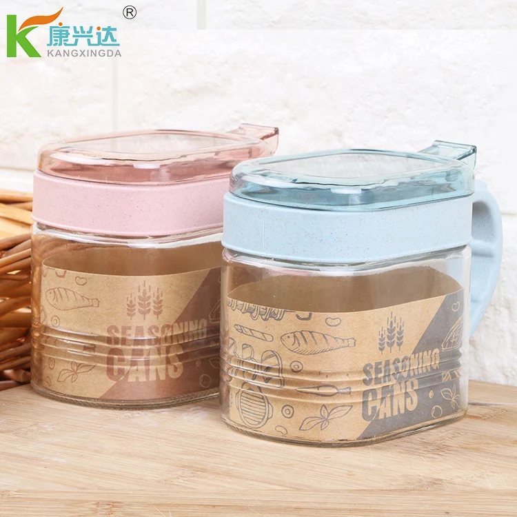 Factory Kitchen 300ml Rectangular Wheat Fiber Salt Pepper Storage Container Seasoning Box Cruet Glass Condiment Jar With Spoon