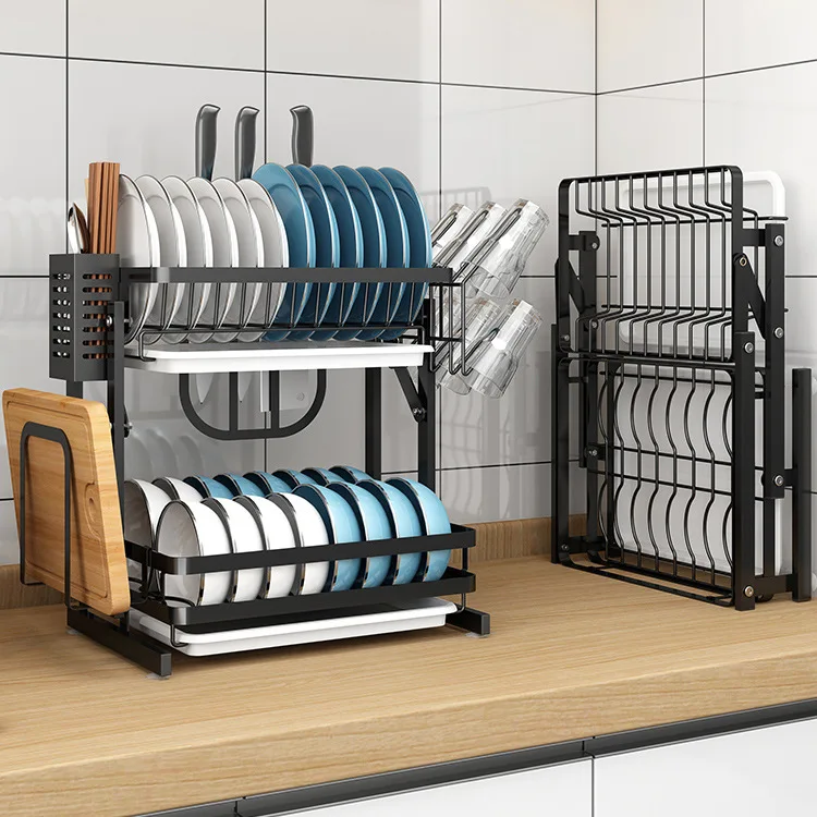 2 Tier Dish Rack, Dish Drying Rack Kitchen Organizer with Drain Board