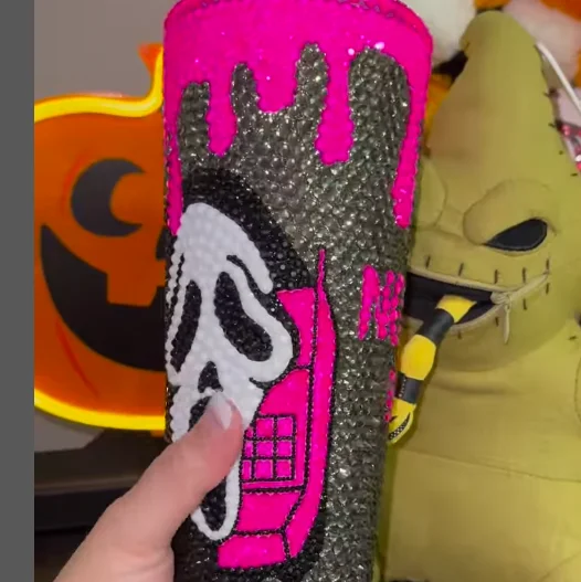 Halloween 720ml Bling Cups Plastic Straw Diamond Gem Colored Beverage Cup Bottle Oem Custom Rhinestone Straw Cup