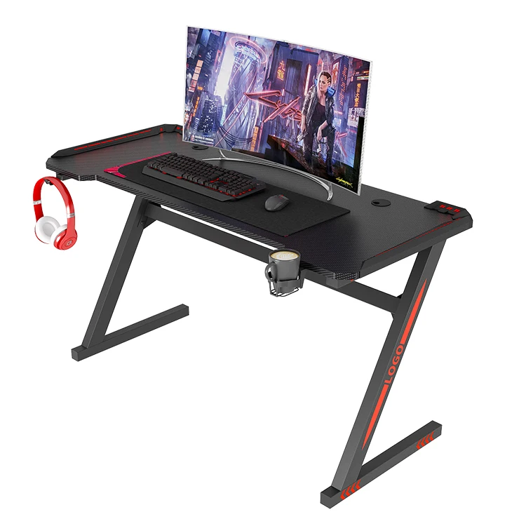 Factory Price Custom Led Light Black Game Computer Table Office Gaming Desk with Cup Holder
