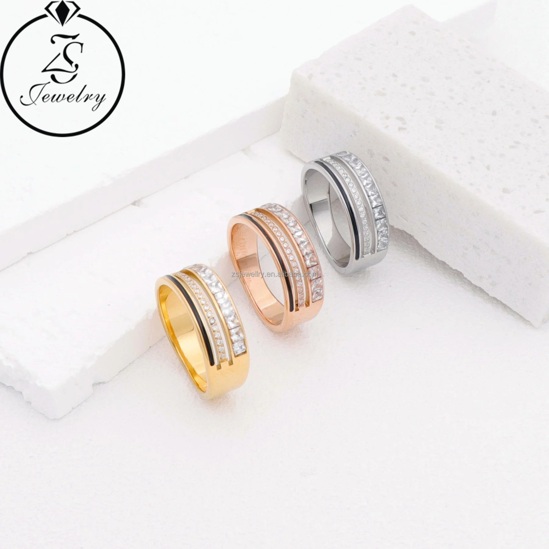 Reasonable Price Gold Plated Silver Stainless Steel Jewelry Love Geometric Stone Three Color Luxury Wedding Design Ring