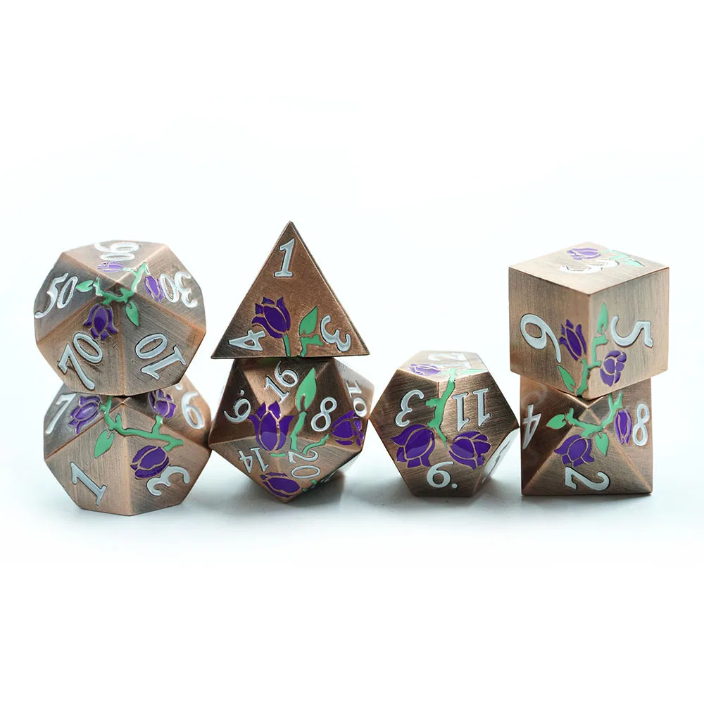 Best Selling copper Multiple Colors Durable Antique Dnd Metal flower Dice Set For Dnd Games