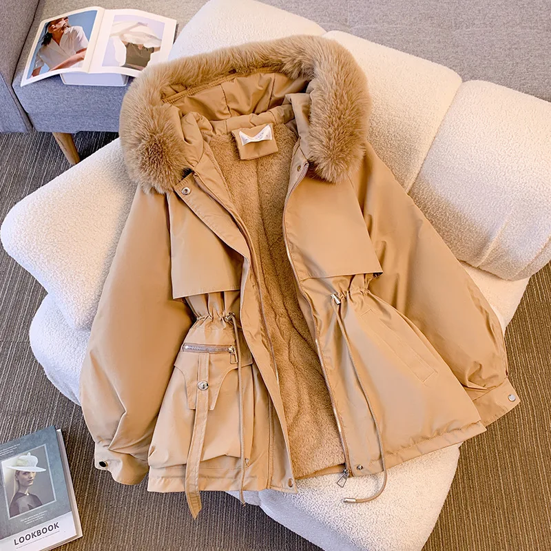 2024 Women Winter Midi Long Coat Drawstring Waist Fur Collar Hooded Zipper Inner Fleece Warm  Outwear Puffer Quilted Padded Coat