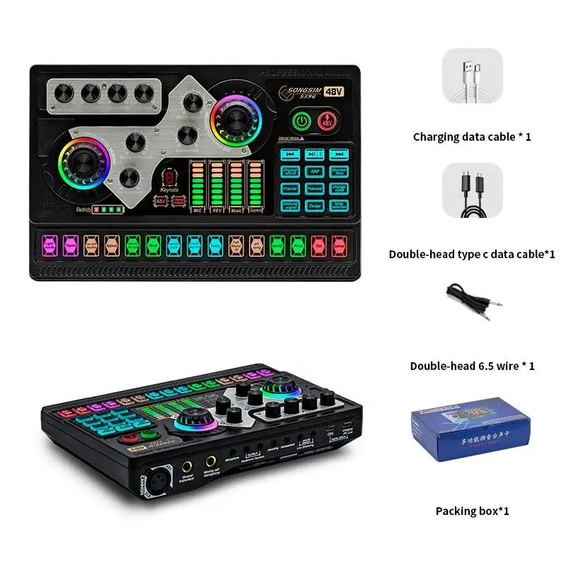 Live Sound Card Audio Interface Sound Board with Multiple DJ Mixer Effects Voice Changer LED Light Prefect for Streaming