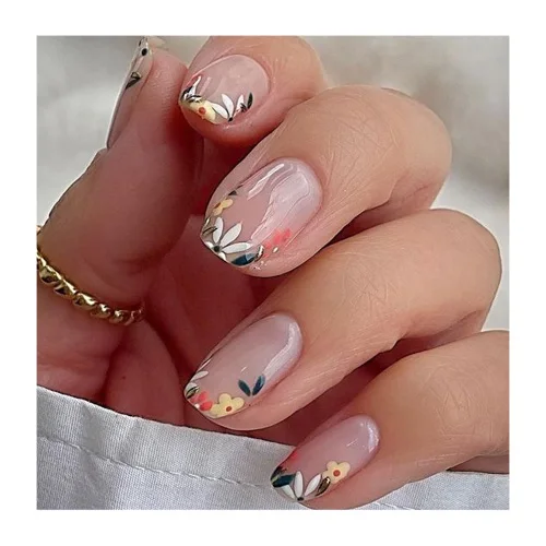 Factory Supplying Flower French Tips Transparent Clear Medium Oval Artificial Fingernails Waterproof Custom False Nails