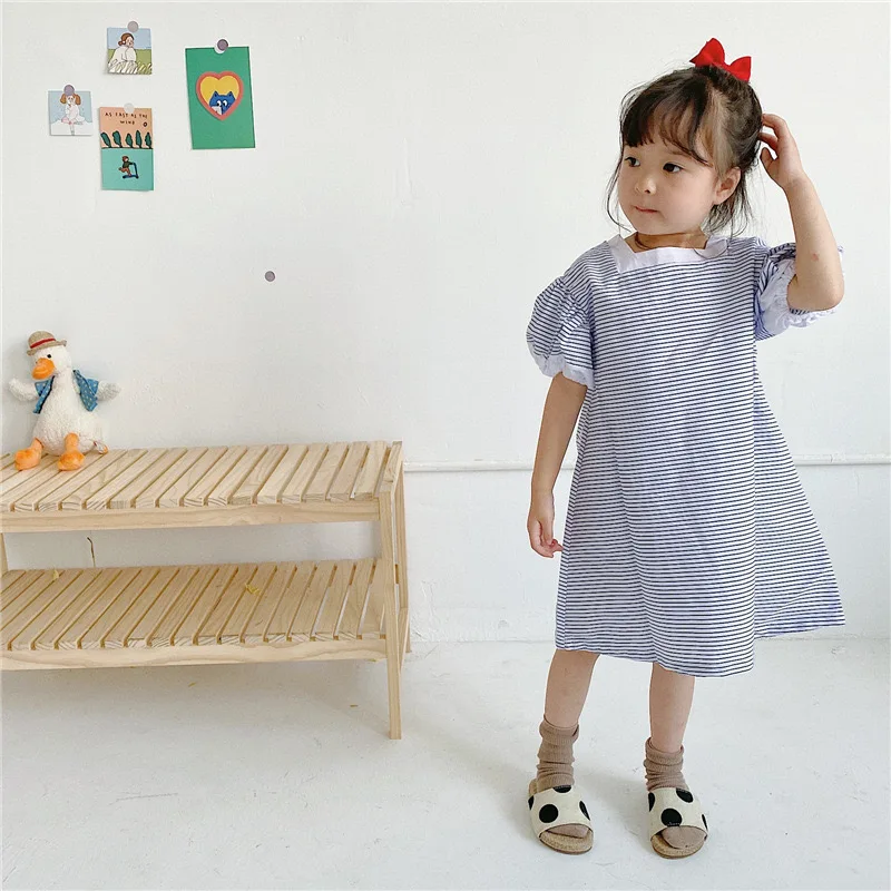 kids dresses for girls 2021 blue striped skirt summer short-sleeved cotton princess children new girl dress Birthday Party skirt