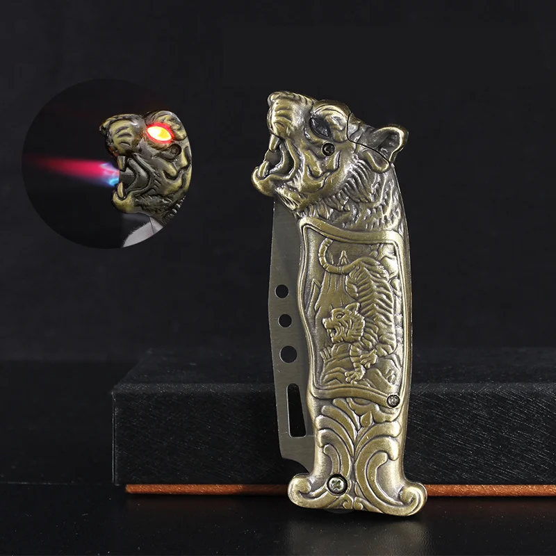 DEBANG 2 in 1 Windproof Cool Metal Tiger & Dragon Lighters  Refillable Butane Cigar Lighters for Smoking with knife