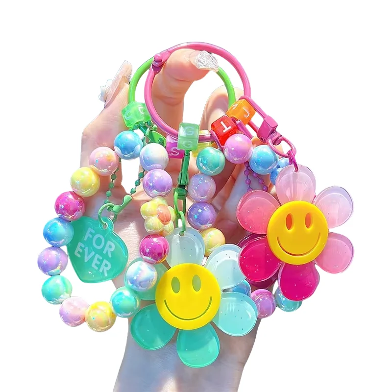 Wholesale Sunflower Keychain with Graduated Beads, Car Key Bracelet, Womens Bag Charm, Key Ring, Small Gift
